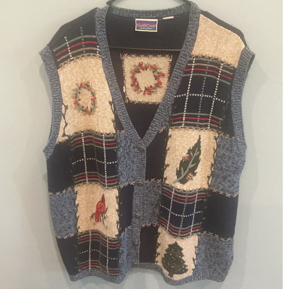 Womens‎ Embroidered Patchwork Christmas Sweater Vest XL 2X Tree Cardinal Cottage